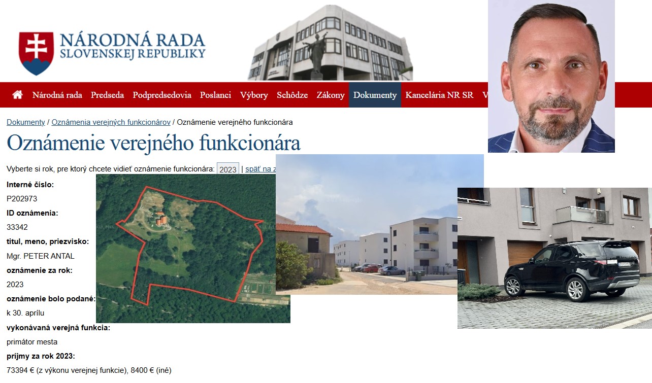 Majetkové priznanie Petra Antala za rok 2023 zverejnené na stránke NRSR a jeho nový, miliónový majetkový prírastok v roku 2023 / zdroj: web NRSR, FB Peter Antal – Primátor Žiaru nad Hronom, zbgis.skgeodesy.sk, Pravda o Žiari  a earth.google.com