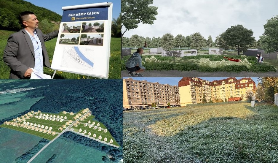 Hovorca mesta prezentuje EKO – KEMP Šášov, vizualizácie projektov EKO – KEMP Šášov a záhradkárska osada PODHÁJ, prázdny predaný pozemok na Podvŕškoch / zdroj: myziar.sme.sk, web mesta Žiar nad Hronom, Pravda o Žiari