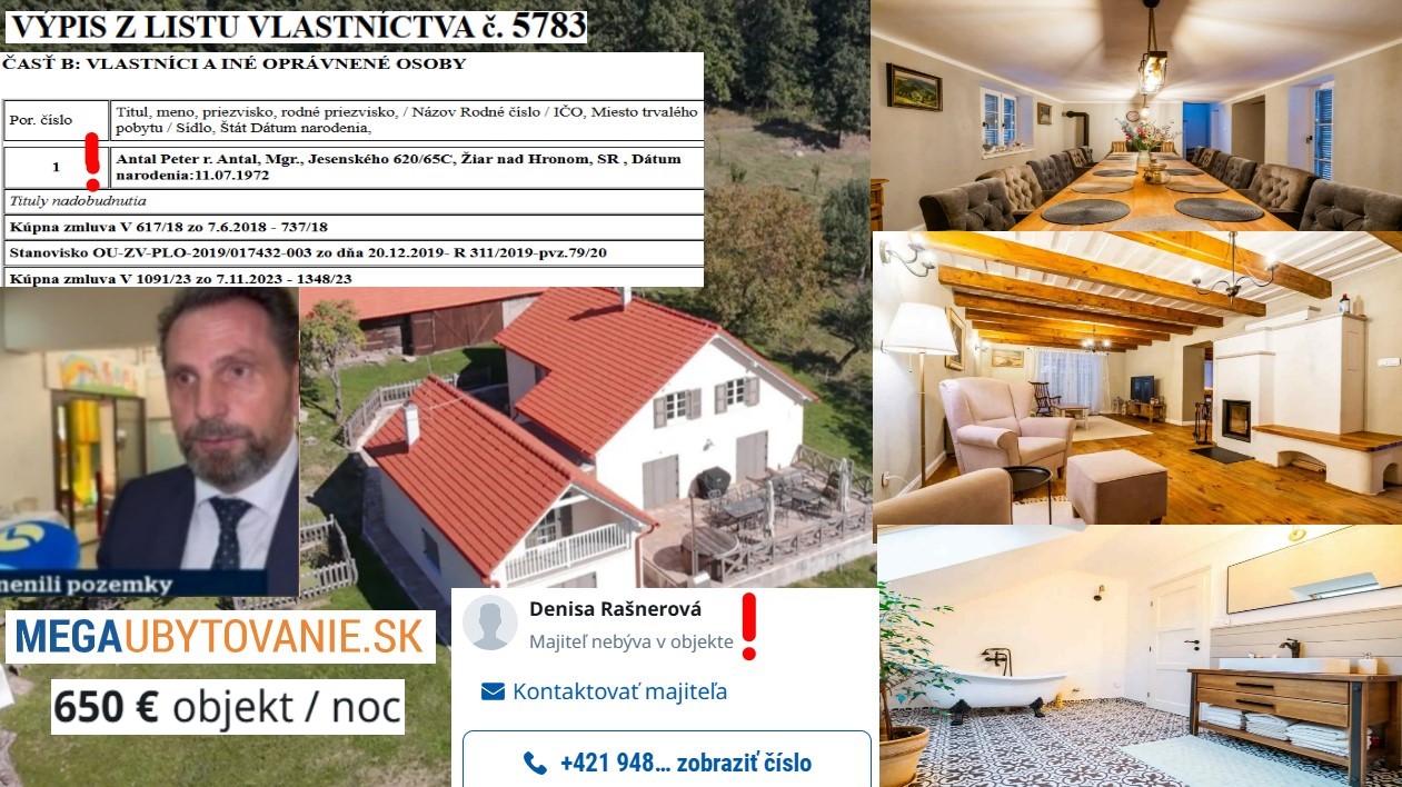 Luxusná milionárska hacienda Petra Antala v Starej Hore pri Krupine, primátor Peter Antal a zápis o jeho vlastníctve na LV 5783 v k.ú.Krupina, inzerát na prenájom nehnuteľnosti s uvedením falošného majiteľa a sumou za prenájom / zdroj: kataster portál, megaubytovanie.sk a reportáž TV Markíza december 2024