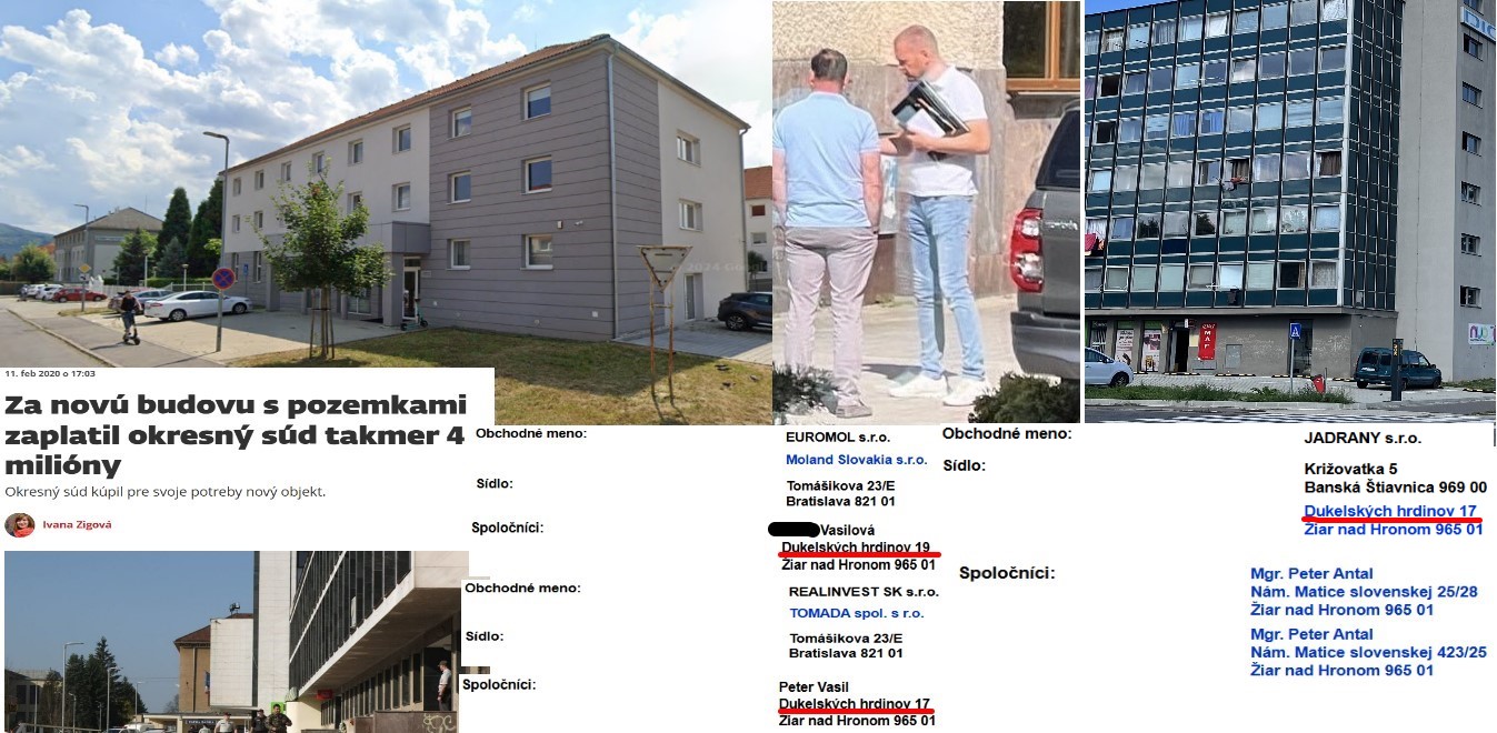 Budova penzión ŽIAR Petra Vasila, Vasilovou manželkou predaná budova - dnes sídlo Okresného súdu v Žiari nad Hronom, Antalovou firmou rekonštruovaná budova Jadranov, dobrí kamaráti Peter Antal a Peter Vasil pristihnutí pred hotelom Luna v roku 2024, článok v MY o predaji budovy súdu za 4 milióny Eur, údaje z ORSR o spoločníkoch firiem EUROMOL s.r.o.,(Vasilova manželka) REALINVEST SK s.r.o. (Vasil) a JADRANY s.r.o. (Antal), ktorých spája okrem iného aj sídlo na Ul. Dukelských hrdinov  / zdroj: GOOGLE, Pravda o Žiari, Obchodný register SR a myziar.sme.sk