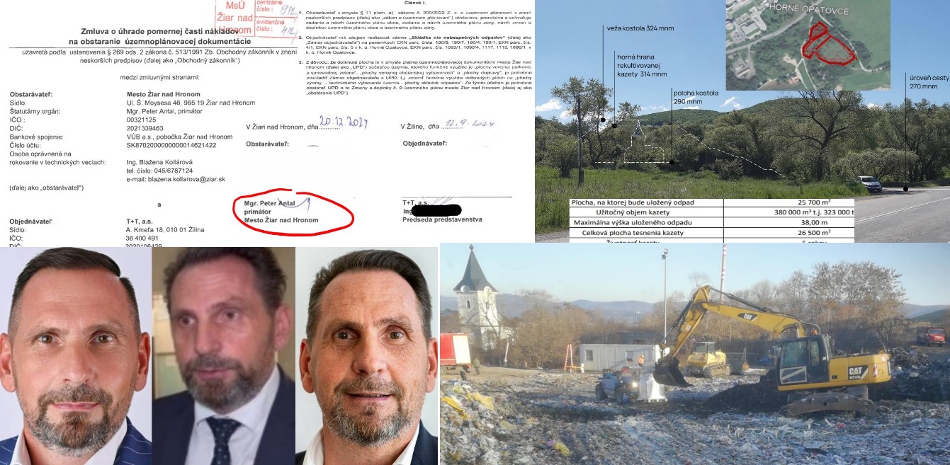 Zmluva z 20.12.2024 o úhrade pomernej časti nákladov na obstaranie územnoplánovacej dokumentácie pri zmene plôch verejnej zelene na plochy skládky odpadu v Žiari nad Hronom, vizualizácia, lokalizácia a parametre novej plánovanej skládky a meniaca sa tvár Petra Antala za 3 roky / zdroj: web mesta, Správa o hodnotení-Skládka odpadov Žiar nad Hronom z 19.12.2024, Vizuálny dopad na okolie-rozšírenie skládky v Horných Opatovciach z 3.6.2024 a reportáž TV Markíza december 2024